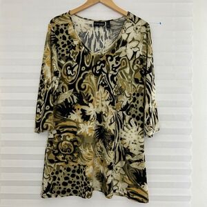 Attitudes by Renee Womens Large Tunic Top Mixed Animal Floral Print 3/4 Sleeve